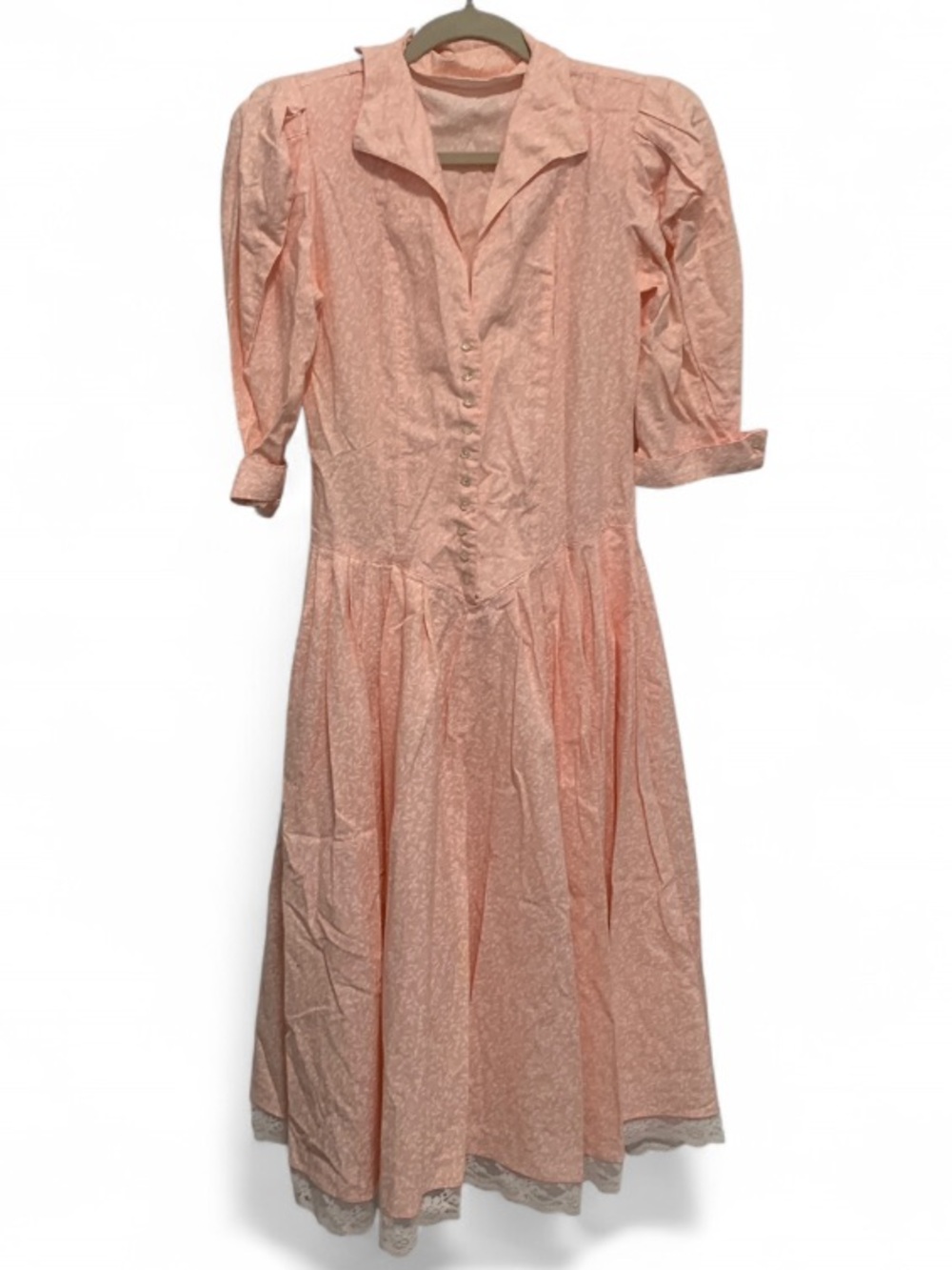Vintage Peach Pink Midi Shirt Dress with Lace Trim